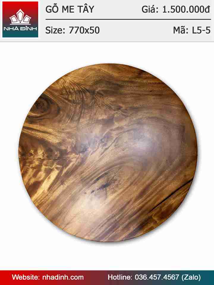 Mặt bàn tròn gỗ Me Tây nguyên tấm đường kính 77 dày 5cm