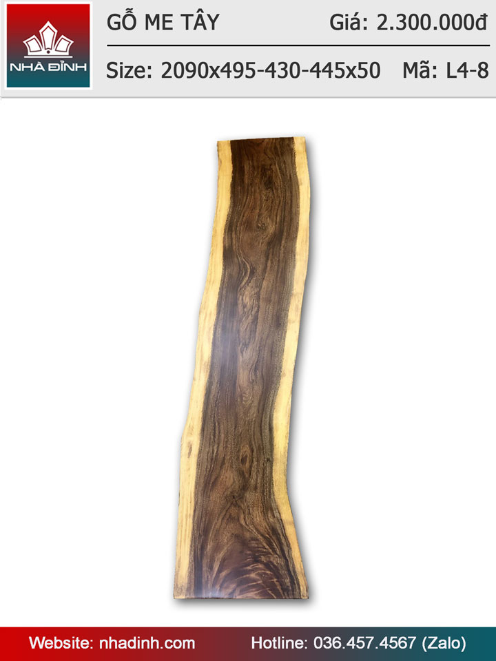 Mặt bàn gỗ Me Tây dài 2m09 rộng 49,5-43-44,5 dày 5cm