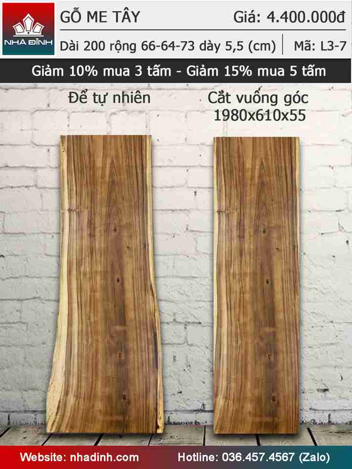 Mặt bàn gỗ Me Tây nguyên tấm dài 2000 rộng 660-640-730 dày 55 (mm)