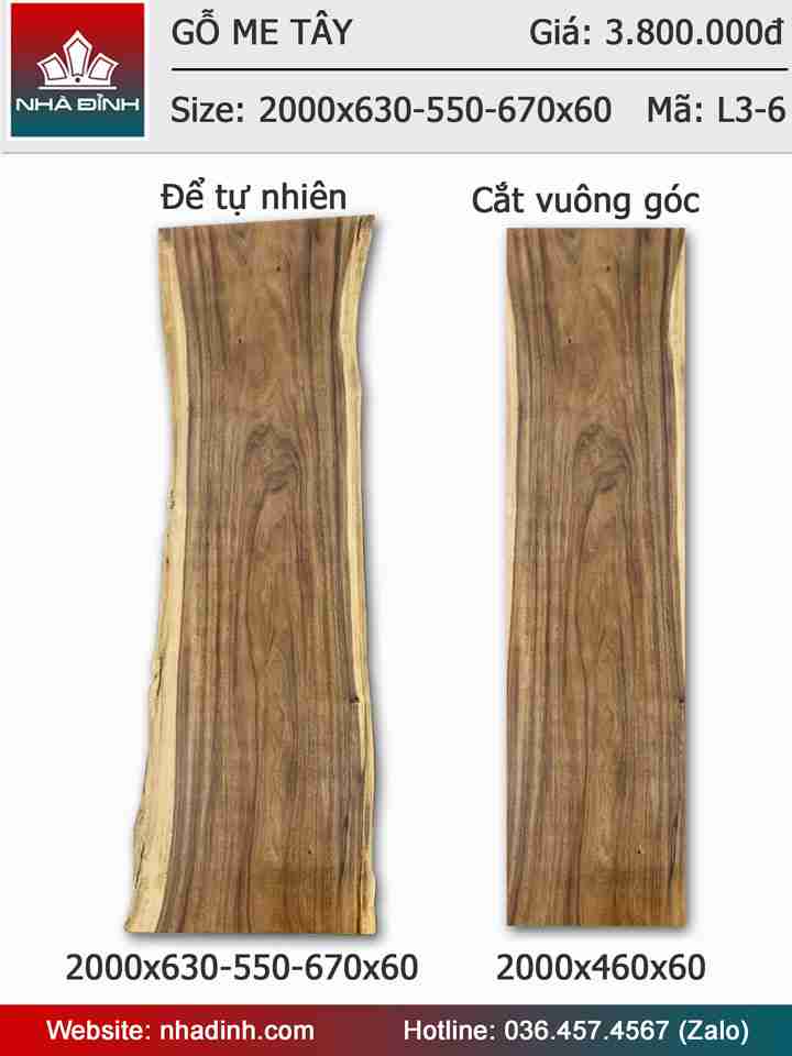Mặt bàn gỗ Me Tây nguyên tấm dài 2m rộng 63-55-67 dày 6cm