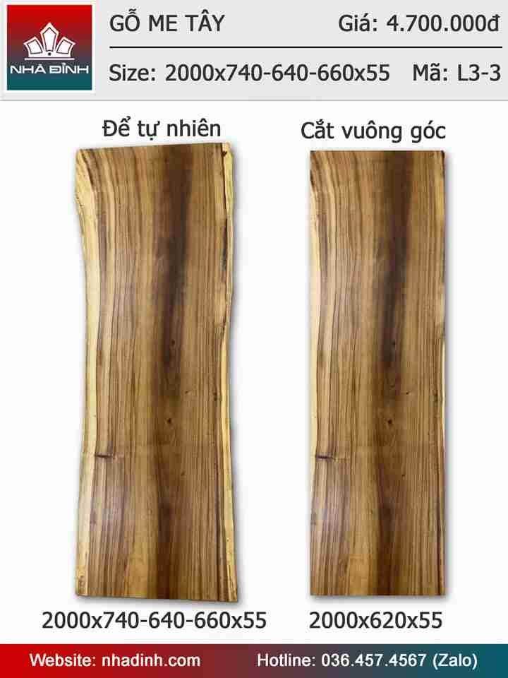 Mặt bàn gỗ Me Tây dài 2m rộng 74-64-66 dày 5,5cm