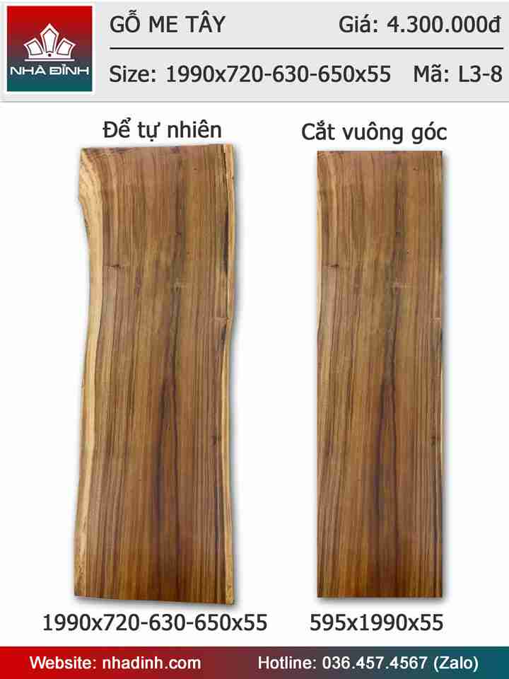Mặt bàn gỗ Me Tây nguyên tấm dài 1m99 rộng 72-63-65 dày 5,5cm