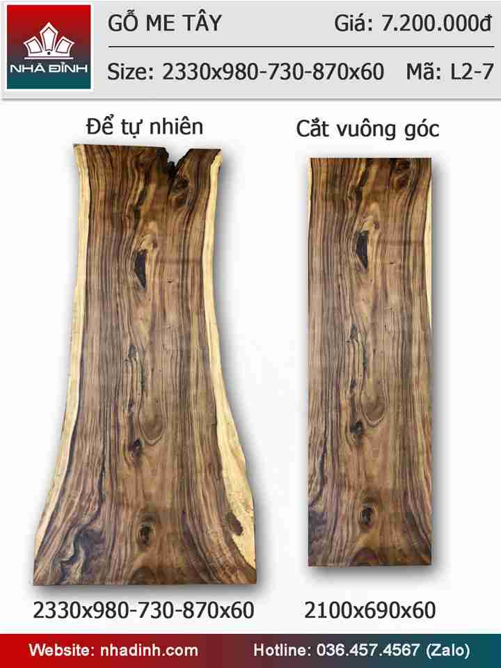 Mặt bàn gỗ Me Tây nguyên khối dài dài 2m33 rộng 98-73-87 dày 6 (cm)