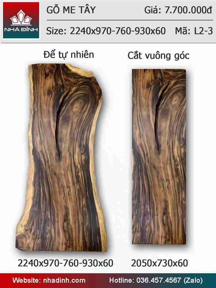 Mặt bàn gỗ Me Tây nguyên khối dài 2m24 rộng 97-76-93 dày 6 (cm)