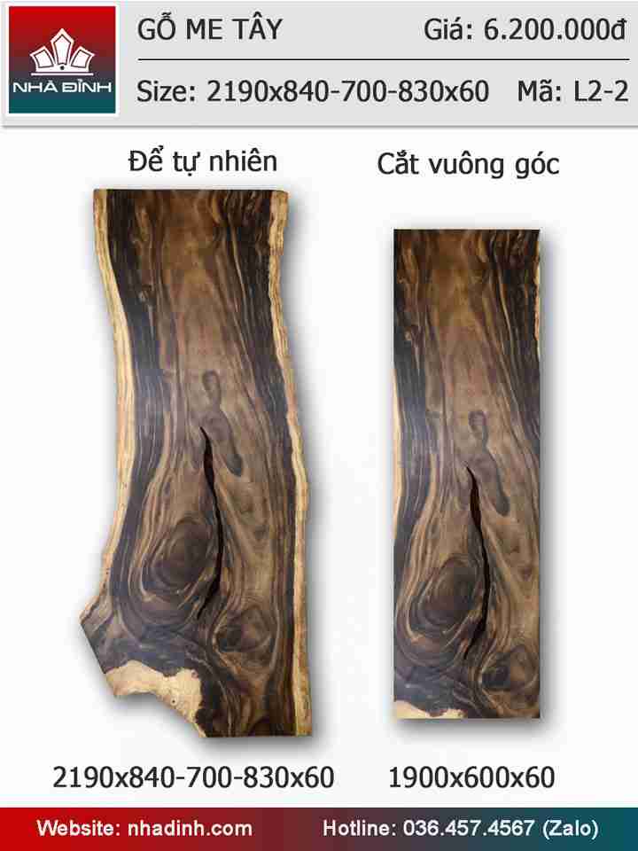 Mặt bàn gỗ Me Tây nguyên khối dài 2m19 rộng 84-70-83 dày 6 (cm)