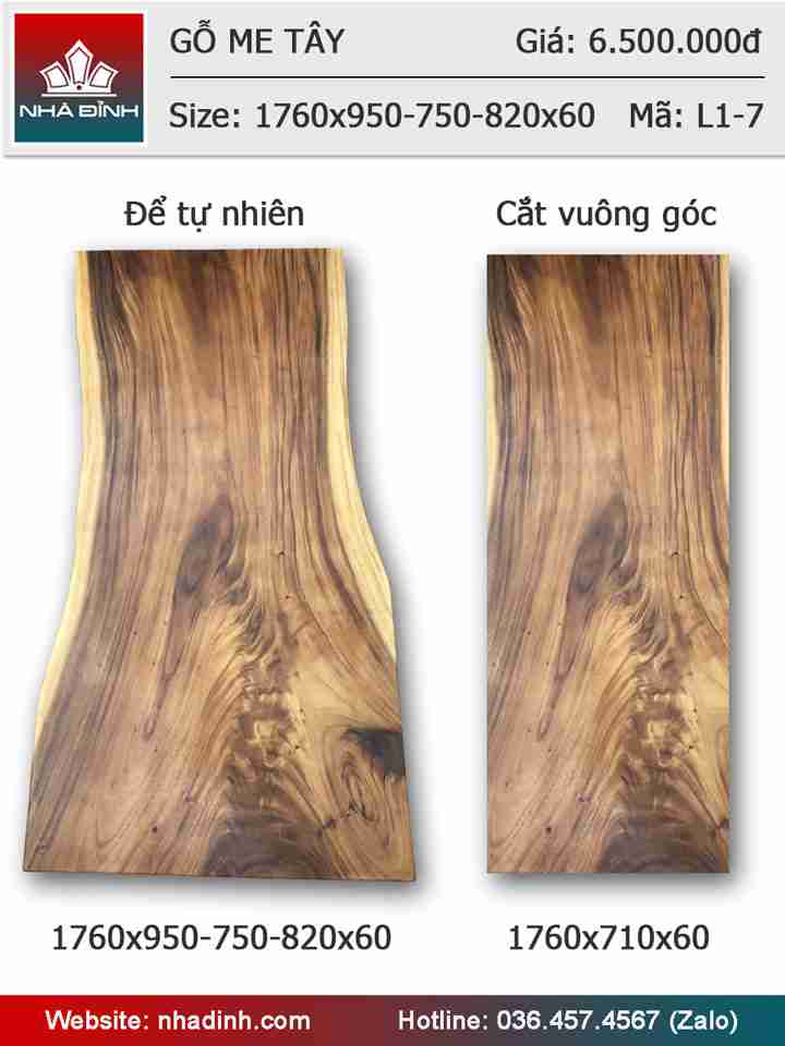 Mặt bàn gỗ Me Tây nguyên khối dài 1m76 rộng 95 - 75 - 82 dày 6 (cm)