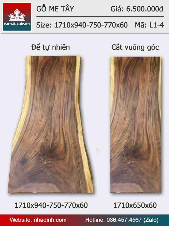 Mặt bàn gỗ Me Tây nguyên khối dài 1m71 rộng 94 - 75 - 77 dày 6 (cm)