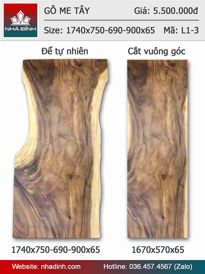 Mặt bàn gỗ Me Tây nguyên khối dài 1m74 rộng 75 - 69 - 90 dày 6,5 (cm)