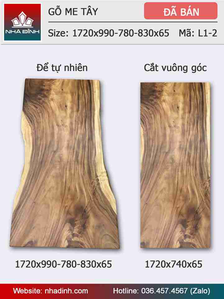 Mặt bàn gỗ Me Tây nguyên khối dài 1m72 rộng 99 - 78 - 83 dày 6,5 (cm)