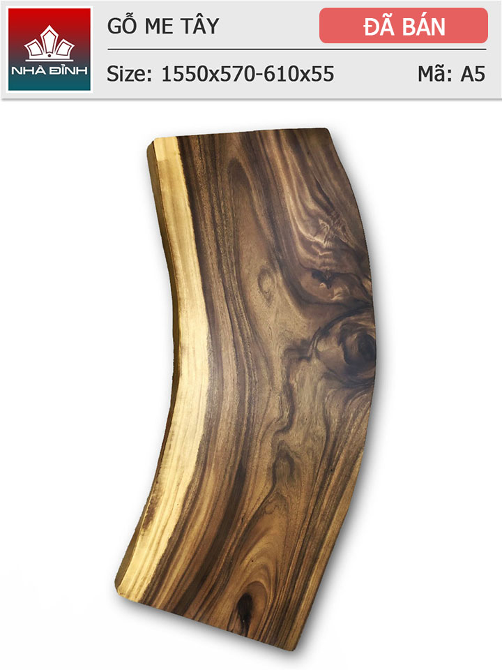Mặt bàn gỗ Me Tây nguyên khối dài 1m55 rộng 57 - 61 dày 5.5 (cm)